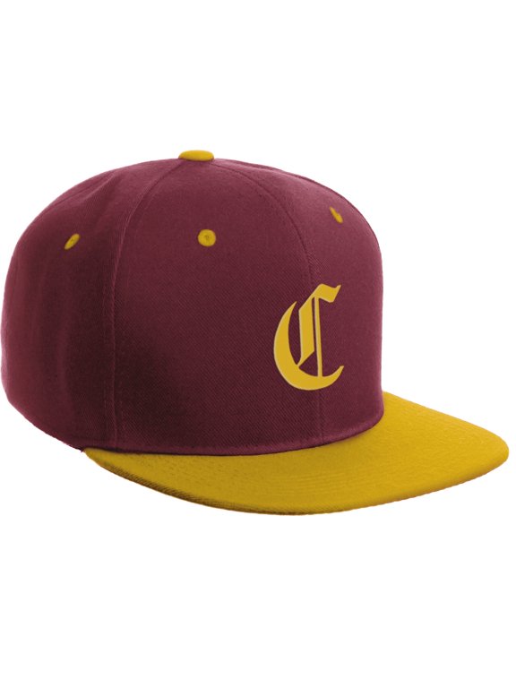 Classic Snapback Hat Old English Font Alphabet A to Z Flat Bill Visor Cap, Burgundy Gold Hat, Gold C