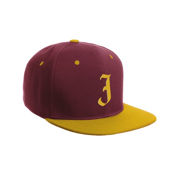 Daxton Classic Snapback Hat Old English Font Alphabet A to Z Flat Bill Visor Cap, Burgundy Gold Hat, Gold J