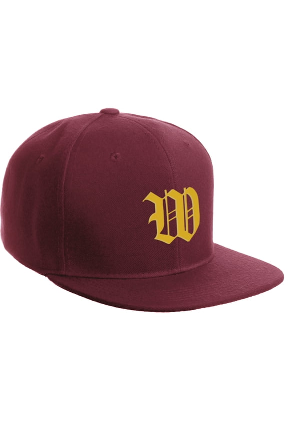 Classic Snapback Hat Old English Font Alphabet A to Z Flat Bill Visor Cap, Burgundy Hat, Gold W