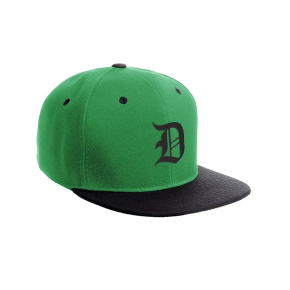 Daxton Classic Snapback Hat Old English Font Alphabet A to Z Flat Bill Visor Cap, Kelly Black Hat, Black D