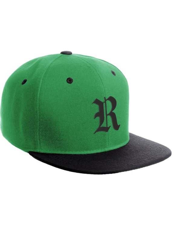 Classic Snapback Hat Old English Font Alphabet A to Z Flat Bill Visor Cap, Kelly Black Hat, Black R