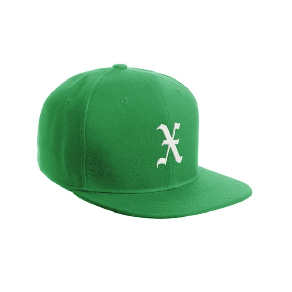 Daxton Classic Snapback Hat Old English Font Alphabet A to Z Flat Bill Visor Cap, Kelly Green Hat, White X