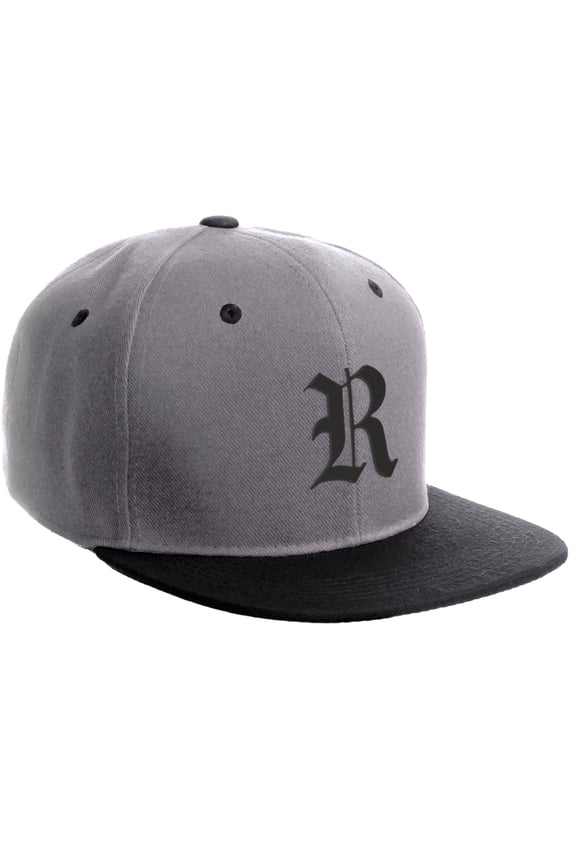 Classic Snapback Hat Old English Font Alphabet A to Z Flat Bill Visor Cap, Light Grey Black Hat, Black R