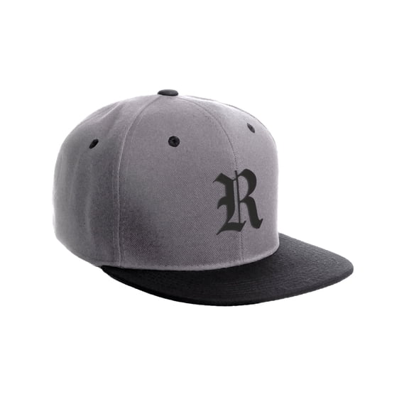 Daxton Classic Snapback Hat Old English Font Alphabet A to Z Flat Bill Visor Cap, Light Grey Black Hat, Black R