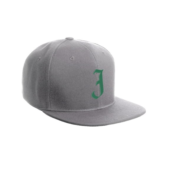 Daxton Classic Snapback Hat Old English Font Alphabet A to Z Flat Bill Visor Cap, Light Grey Hat, Green J