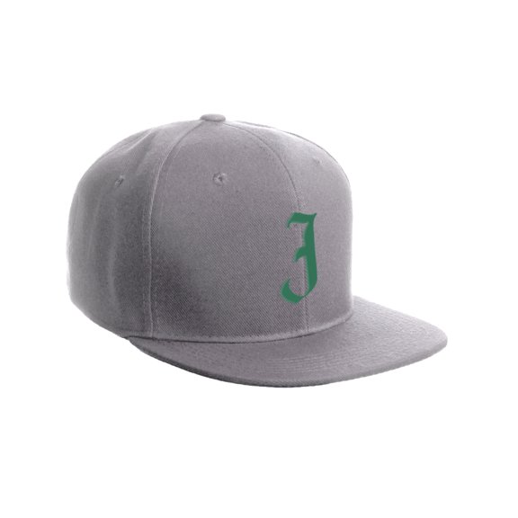 Daxton Classic Snapback Hat Old English Font Alphabet A to Z Flat Bill Visor Cap, Light Grey Hat, Green J