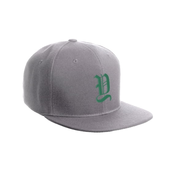 Daxton Classic Snapback Hat Old English Font Alphabet A to Z Flat Bill Visor Cap, Light Grey Hat, Green Y