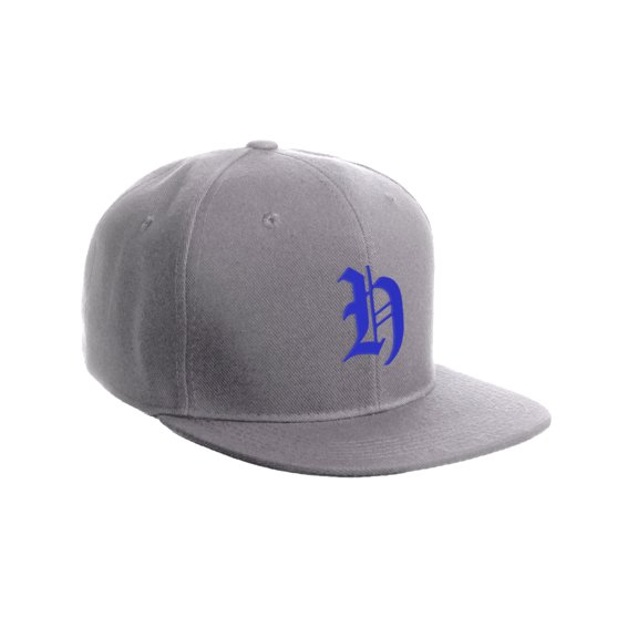 Daxton Classic Snapback Hat Old English Font Alphabet A to Z Flat Bill Visor Cap, Light Grey Hat, Royal H
