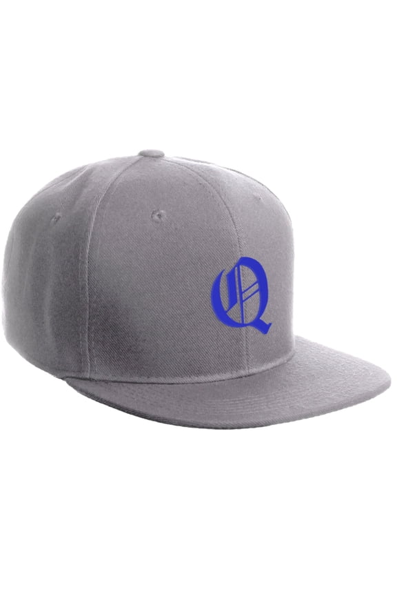 Classic Snapback Hat Old English Font Alphabet A to Z Flat Bill Visor Cap, Light Grey Hat, Royal Q