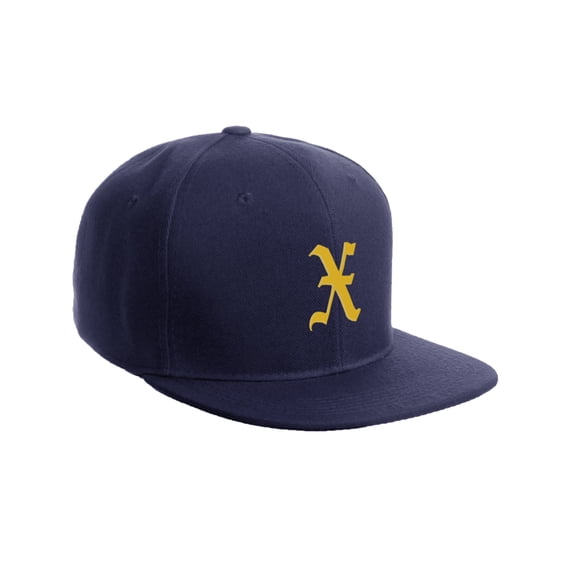Daxton Classic Snapback Hat Old English Font Alphabet A to Z Flat Bill Visor Cap, Navy Hat, Gold X