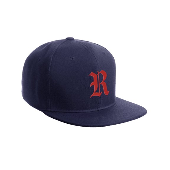 Daxton Classic Snapback Hat Old English Font Alphabet A to Z Flat Bill Visor Cap, Navy Hat, Red R