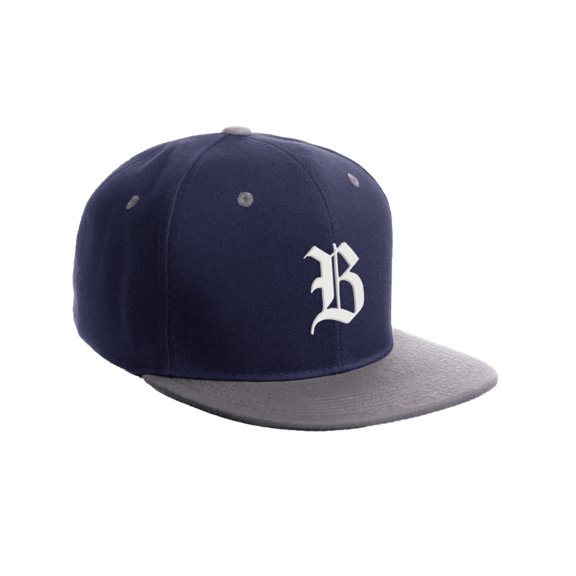 Daxton Classic Snapback Hat Old English Font Alphabet A to Z Flat Bill Visor Cap, Navy Light Grey Hat, White B