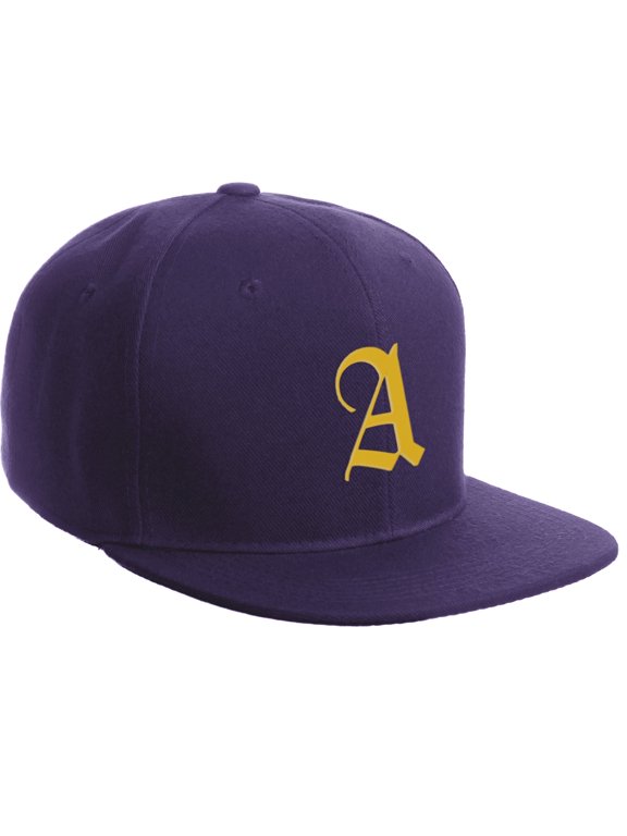 Classic Snapback Hat Old English Font Alphabet A to Z Flat Bill Visor Cap, Purple Hat, Gold A