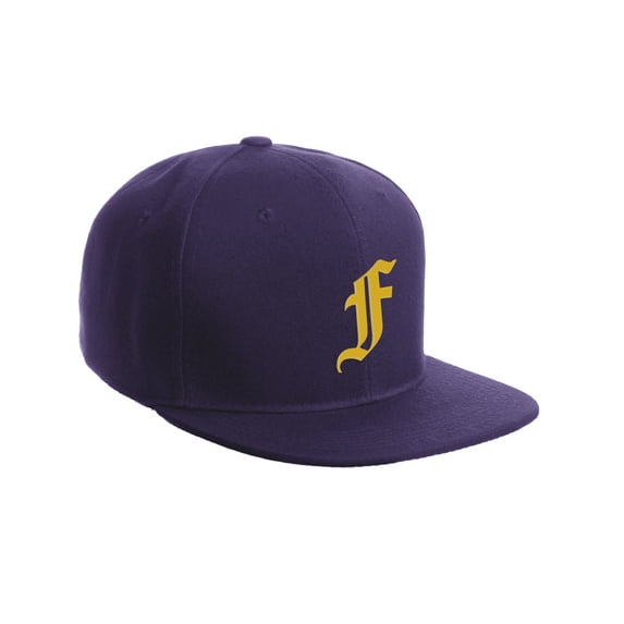 Daxton Classic Snapback Hat Old English Font Alphabet A to Z Flat Bill Visor Cap, Purple Hat, Gold F