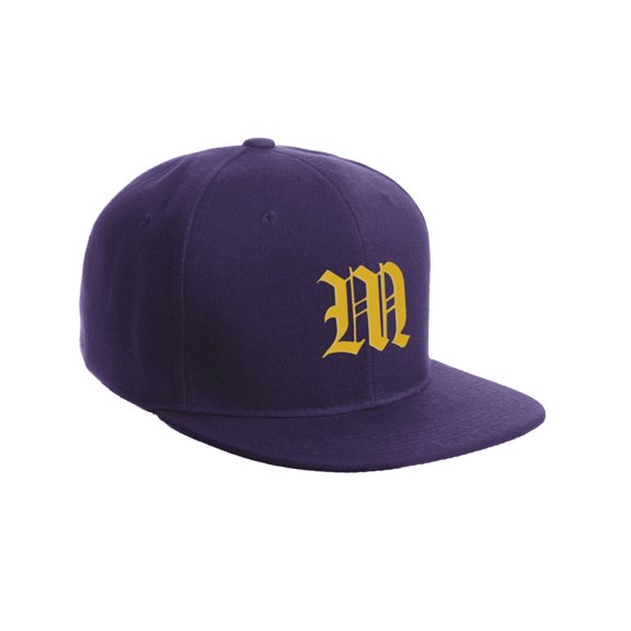 Daxton Classic Snapback Hat Old English Font Alphabet A to Z Flat Bill Visor Cap, Purple Hat, Gold M