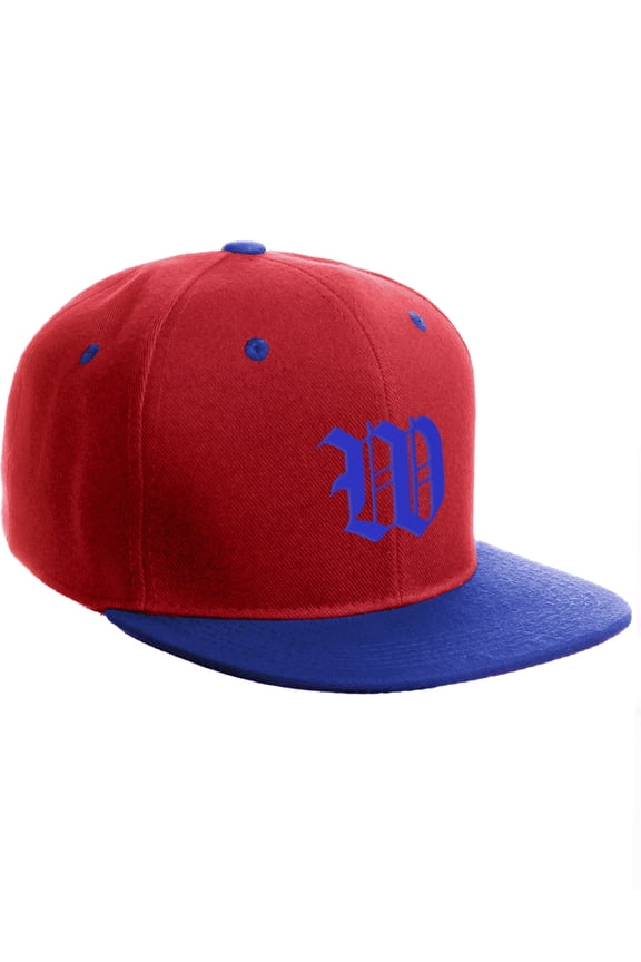 Classic Snapback Hat Old English Font Alphabet A to Z Flat Bill Visor Cap, Red Royal Hat, Royal W