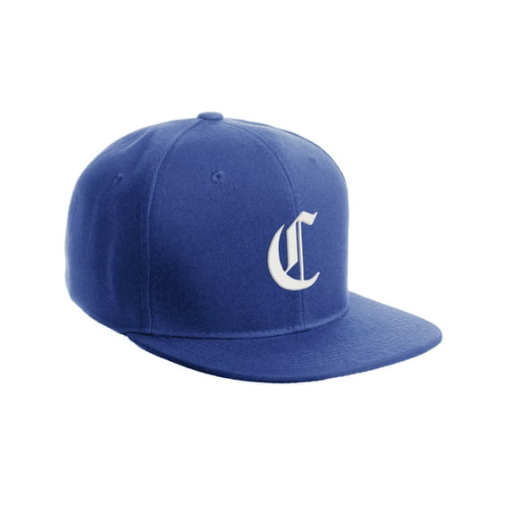 Daxton Classic Snapback Hat Old English Font Alphabet A to Z Flat Bill Visor Cap, Royal Hat, White C