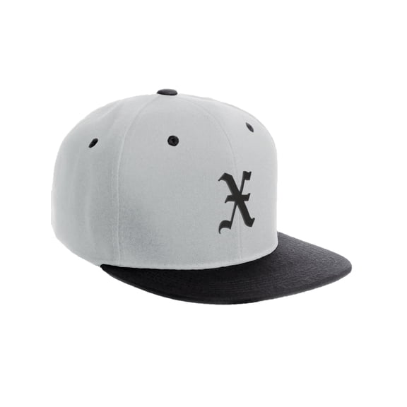 Daxton Classic Snapback Hat Old English Font Alphabet A to Z Flat Bill Visor Cap, White Black Hat, Black X
