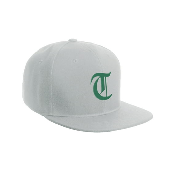 Daxton Classic Snapback Hat Old English Font Alphabet A to Z Flat Bill Visor Cap, White Hat, Green T