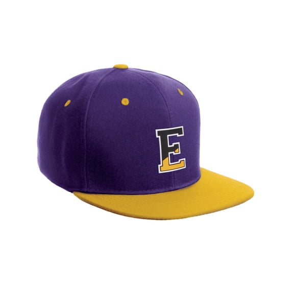 Daxton Classic Snapback Initial Numbers Letters Flat Bill Visor Cap, Purple Yellow Hat, Letter E