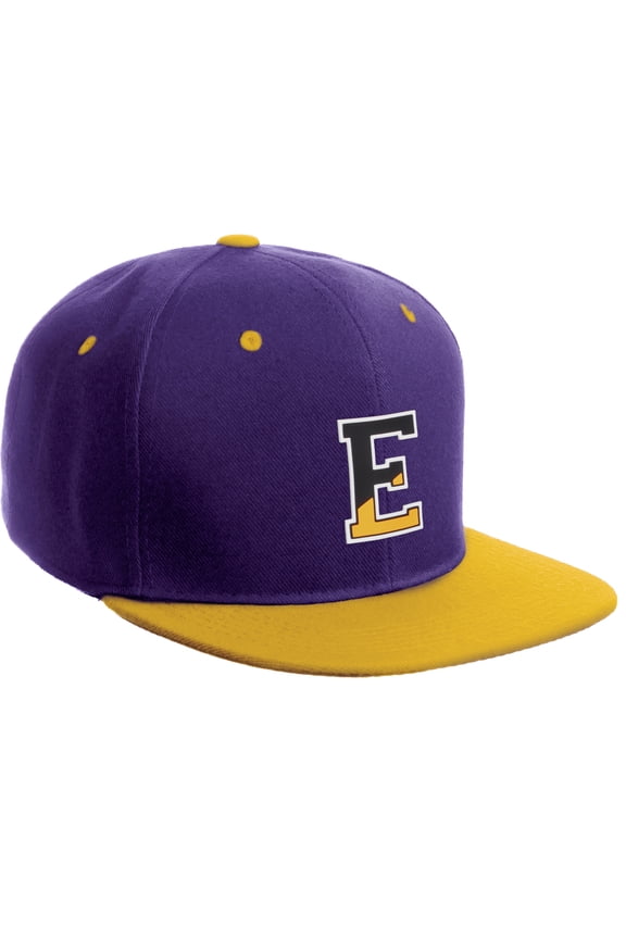Classic Snapback Initial Numbers Letters Flat Bill Visor Cap, Purple Yellow Hat, Letter E