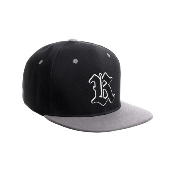 Daxton Classic Snapback Old English A to Z Numbers Initials Flat Bill Visor Cap-Black Grey Hat, Letter R