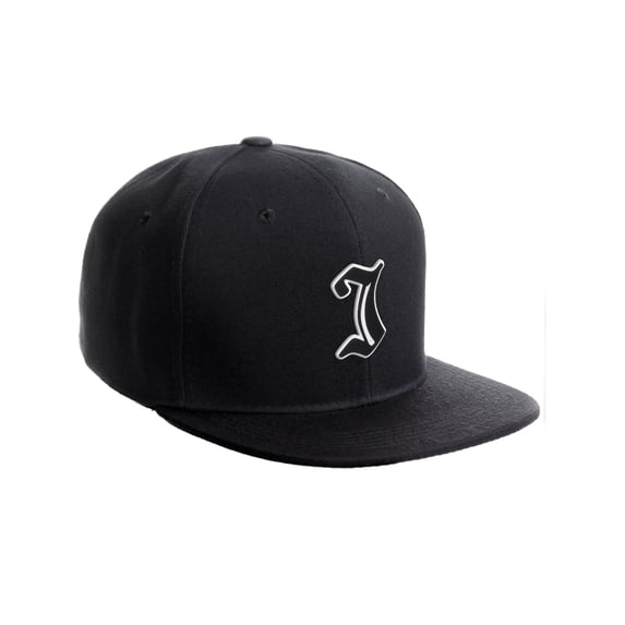 Daxton Classic Snapback Old English A to Z Numbers Initials Flat Bill Visor Cap-Black Hat, Letter I