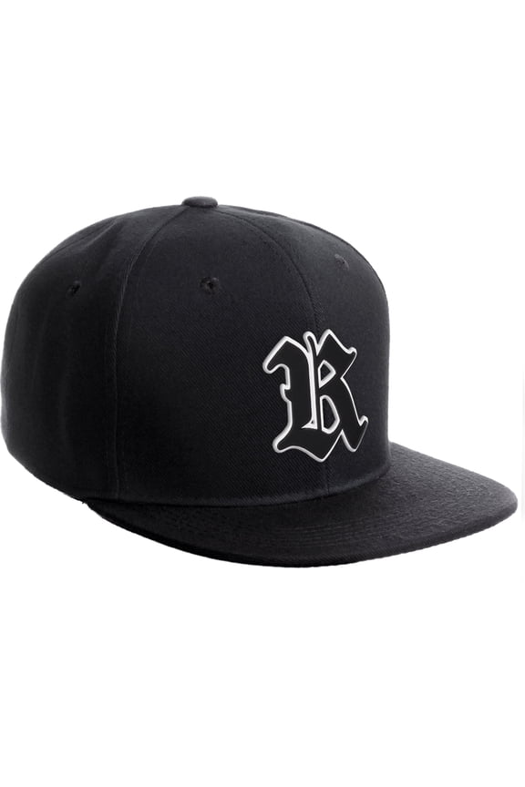 Classic Snapback Old English A to Z Numbers Initials Flat Bill Visor Cap-Black Hat, Letter R