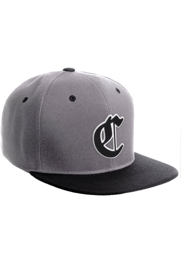 Classic Snapback Old English A to Z Numbers Initials Flat Bill Visor Cap-Grey Black Hat, Letter C