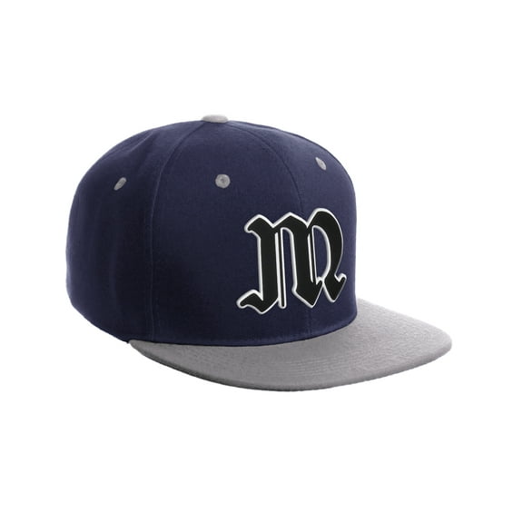 Daxton Classic Snapback Old English A to Z Numbers Initials Flat Bill Visor Cap-Navy Grey Hat, Letter M