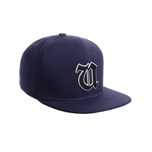 Daxton Classic Snapback Old English A to Z Numbers Initials Flat Bill Visor Cap-Navy Hat, Letter U