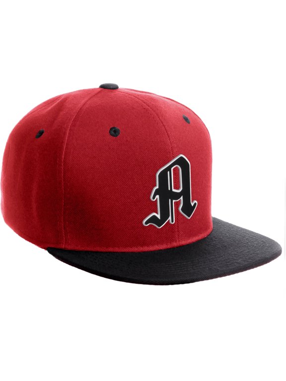 Classic Snapback Old English A to Z Numbers Initials Flat Bill Visor Cap-Red Black Hat, Letter A