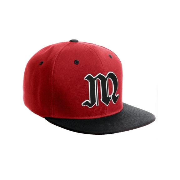 Daxton Classic Snapback Old English A to Z Numbers Initials Flat Bill Visor Cap-Red Black Hat, Letter M