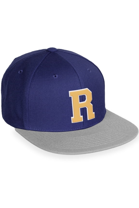 Classic Snapback White Neon Orange A to Z Letters Flat Bill Visor Cap-Navy Grey Hat, Letter R