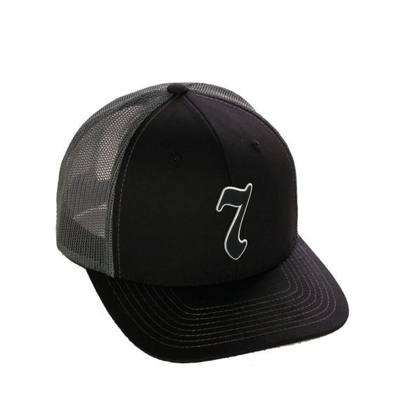Daxton Classsic Baseball Trucker Hat Old English A to Z Letters Numbers Structured Mid Profile Cap, Black Charcoal Hat, Number 7