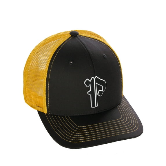 Daxton Classsic Baseball Trucker Hat Old English A to Z Letters Numbers Structured Mid Profile Cap, Black Gold Hat, Letter P