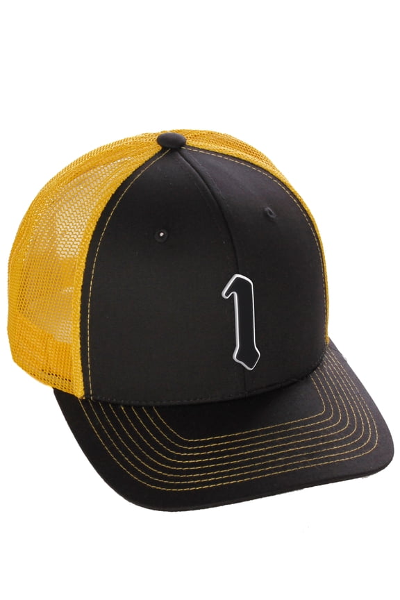 Classsic Baseball Trucker Hat Old English A to Z Letters Numbers Structured Mid Profile Cap, Black Gold Hat, Number 1