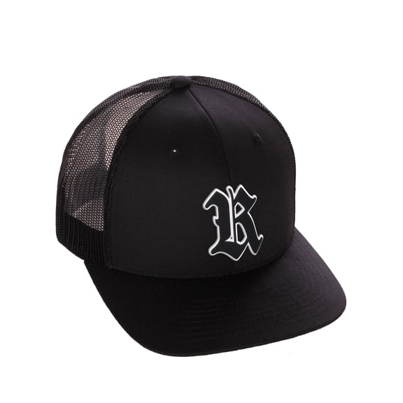Daxton Classsic Baseball Trucker Hat Old English A to Z Letters Numbers Structured Mid Profile Cap, Black Hat, Letter R