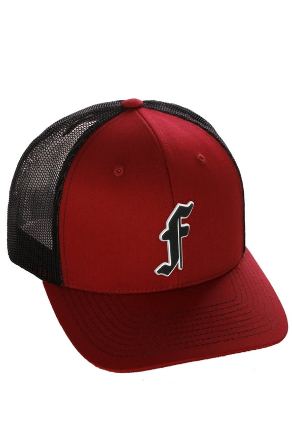 Classsic Baseball Trucker Hat Old English A to Z Letters Numbers Structured Mid Profile Cap, Burgundy Black Hat, Letter F