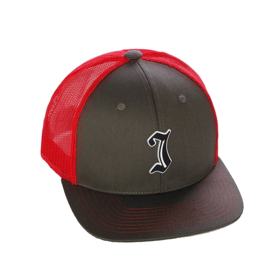 Daxton Classsic Baseball Trucker Hat Old English A to Z Letters Numbers Structured Mid Profile Cap, Charcoal Red Hat, Letter I