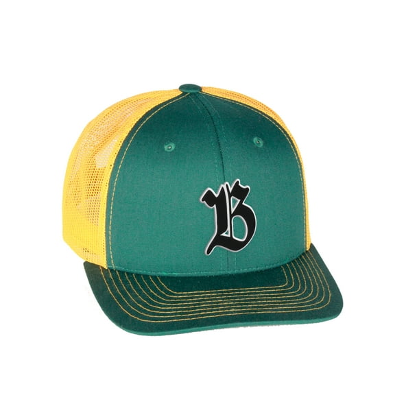 Daxton Classsic Baseball Trucker Hat Old English A to Z Letters Numbers Structured Mid Profile Cap, Kelly Gold Hat, Letter B