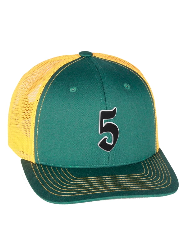 Classsic Baseball Trucker Hat Old English Letters Numbers Structured Mid Profile Cap, Kelly Gold Hat, Number 5