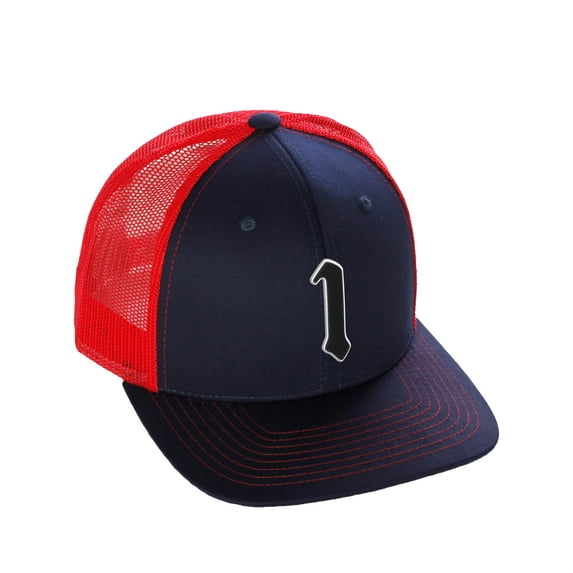 Daxton Classsic Baseball Trucker Hat Old English A to Z Letters Numbers Structured Mid Profile Cap, Navy Red Hat, Number 1