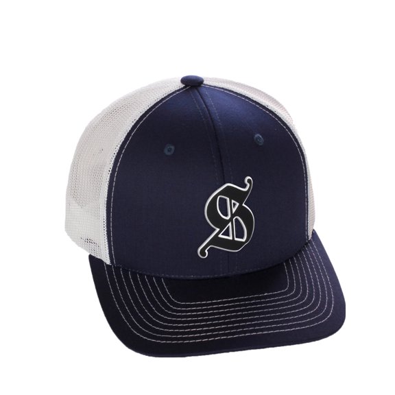 Daxton Classsic Baseball Trucker Hat Old English A to Z Letters Numbers Structured Mid Profile Cap, Navy White Hat, Letter S
