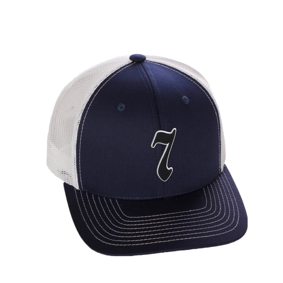 Daxton Classsic Baseball Trucker Hat Old English A to Z Letters Numbers Structured Mid Profile Cap, Navy White Hat, Number 7