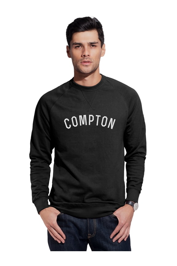 Compton Sweatshirt Athletic Fit Pullover Crewneck French Terry Fabric, Black Sweatshirt White Letters, L