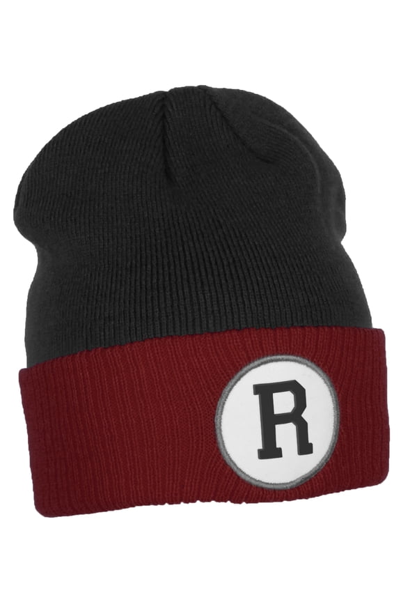 Custom A to Z Initial Letters Cuff Hat Beanie Warm Knit Skull Cap, Black Burgundy Letter R