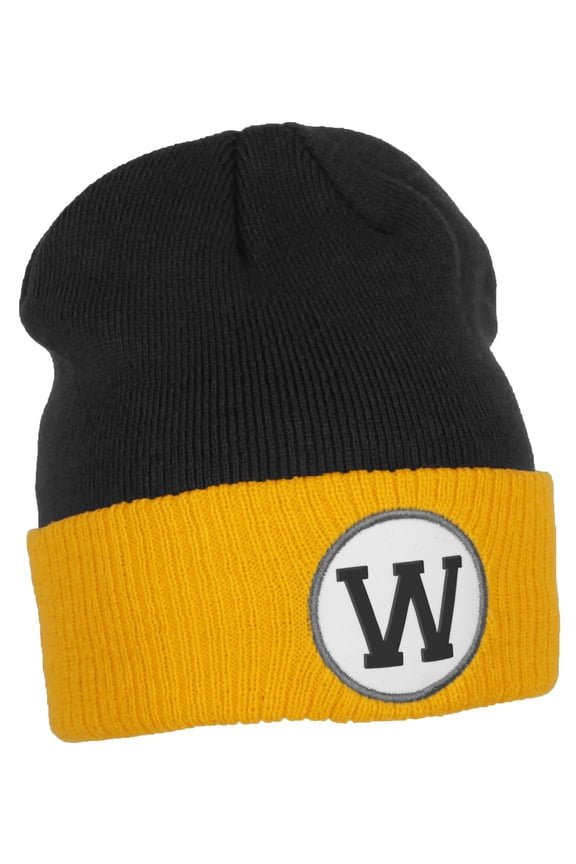 Custom A to Z Initial Letters Cuff Hat Beanie Warm Knit Skull Cap, Black Gold Letter W