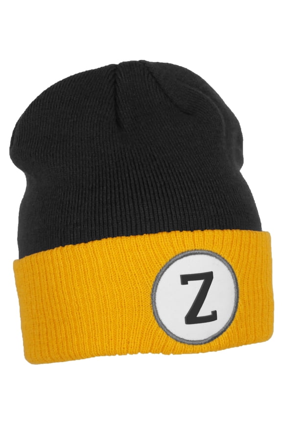 Custom A to Z Initial Letters Cuff Hat Beanie Warm Knit Skull Cap, Black Gold Letter Z