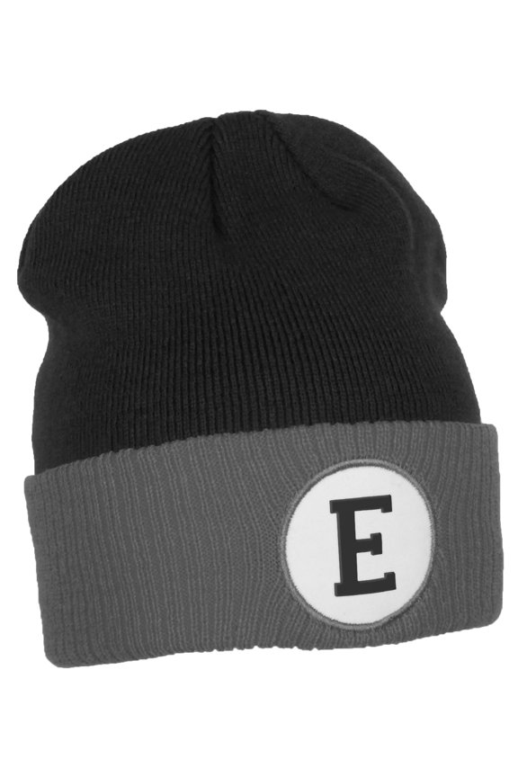 Custom A to Z Initial Letters Cuff Hat Beanie Warm Knit Skull Cap, Black Grey Letter E